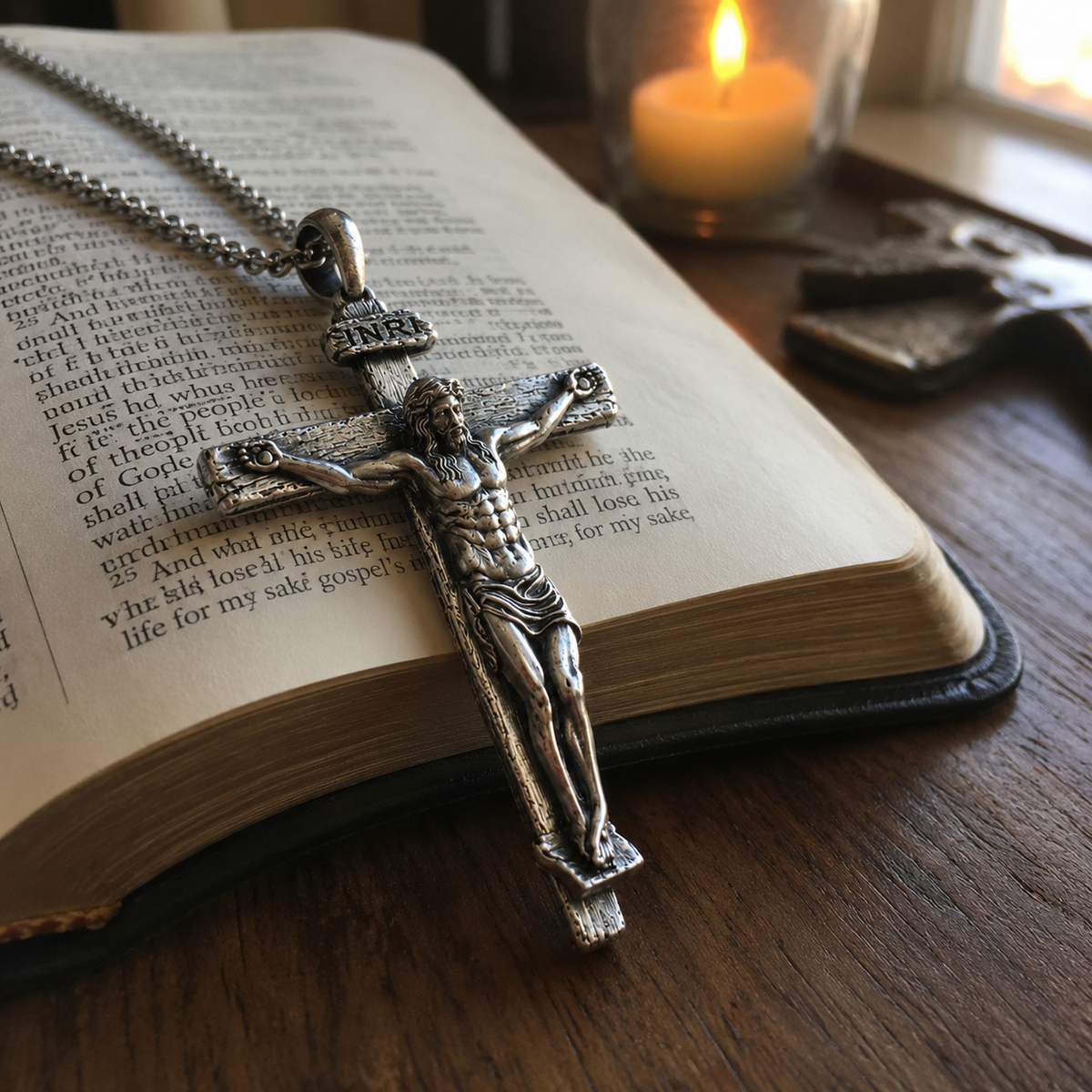 The Passion of Christ S925 Silver/Titanium Steel Cross Necklace - size and finish detail