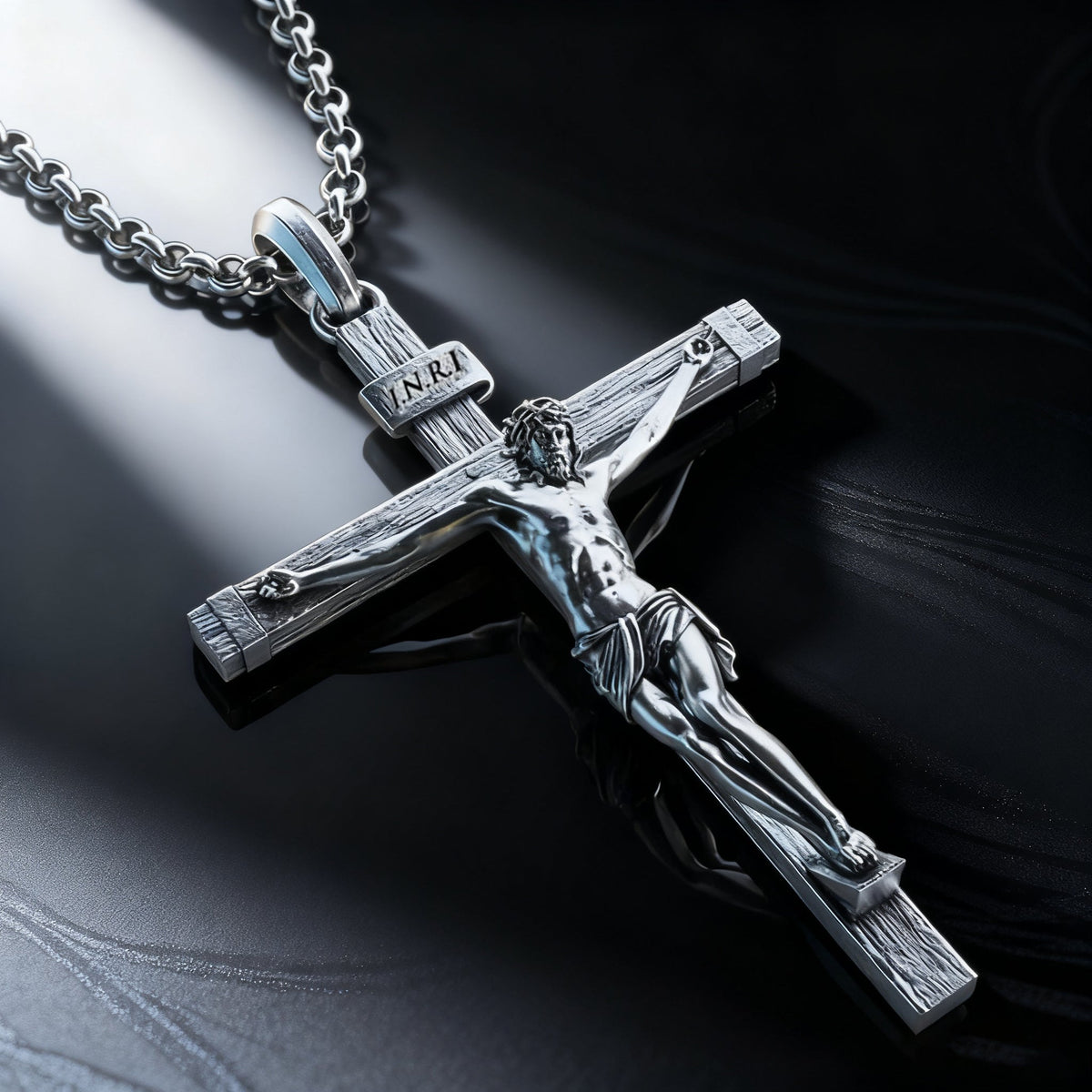 The Passion of Christ S925 Silver/Titanium Steel Cross Necklace - size and finish detail