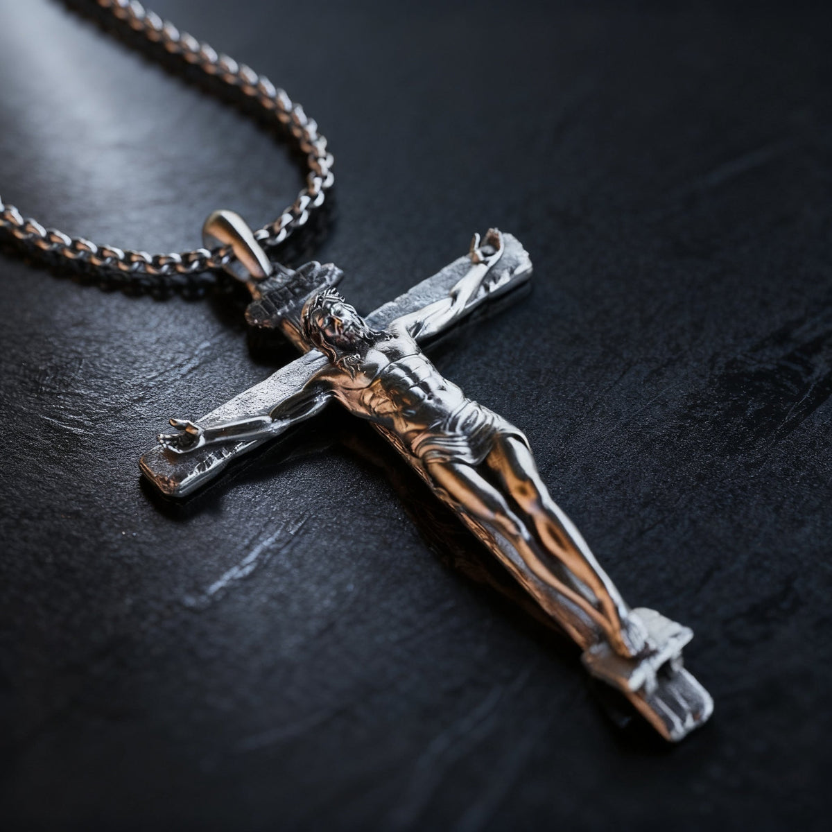 The Passion of Christ S925 Silver/Titanium Steel Cross Necklace - design detail