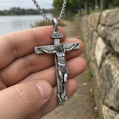 The Passion of Christ S925 Silver/Titanium Steel Cross Necklace - side view