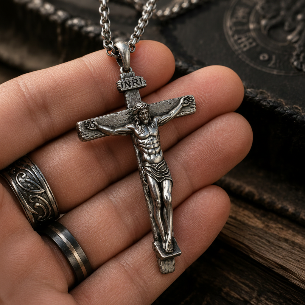 The Passion of Christ S925 Silver/Titanium Steel Cross Necklace - size and finish detail