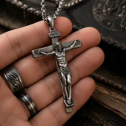 The Passion of Christ S925 Silver/Titanium Steel Cross Necklace - size and finish detail