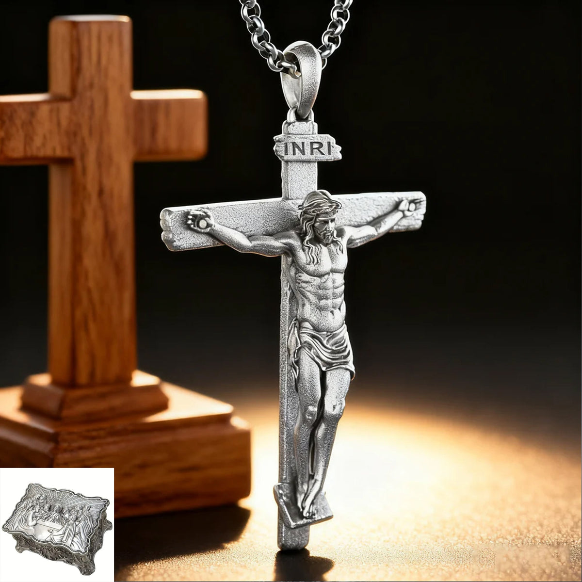 The Passion of Christ S925 Silver/Titanium Steel Cross Necklace - design detail